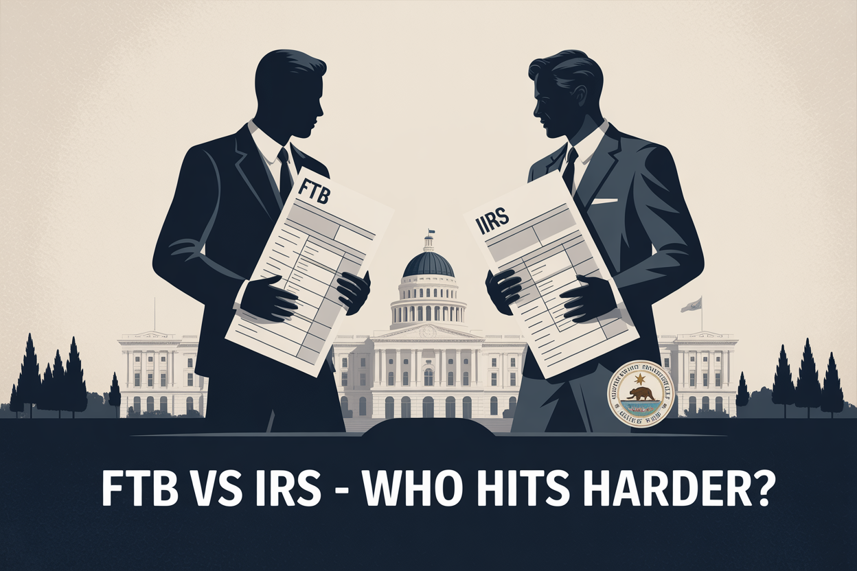 Two men are standing next to each other holding papers in front of a building.