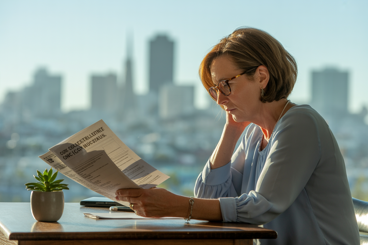 A woman is sitting at a table reading a newspaper.