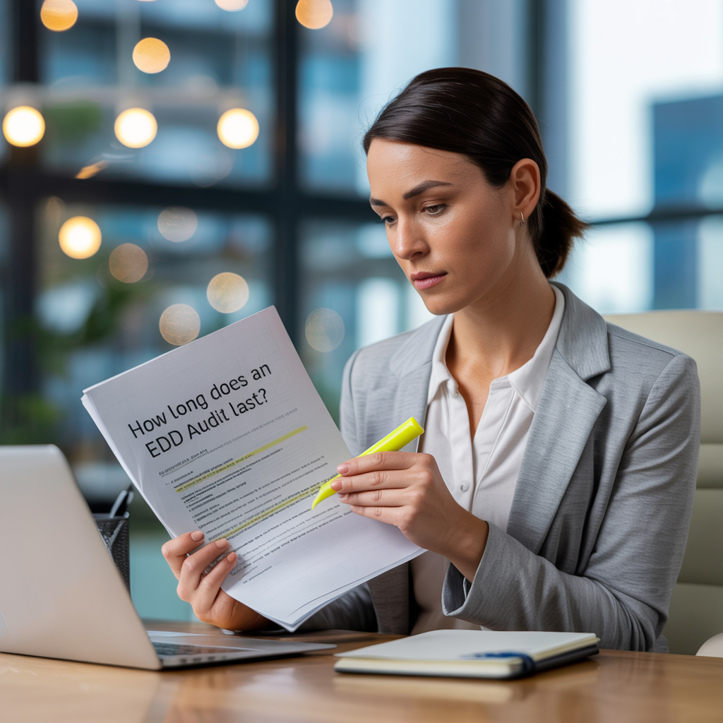 A woman is sitting at a desk looking at a piece of paper.