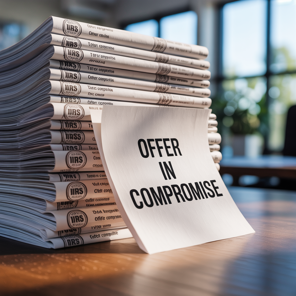 A stack of newspapers with a note that says offer in compromise
