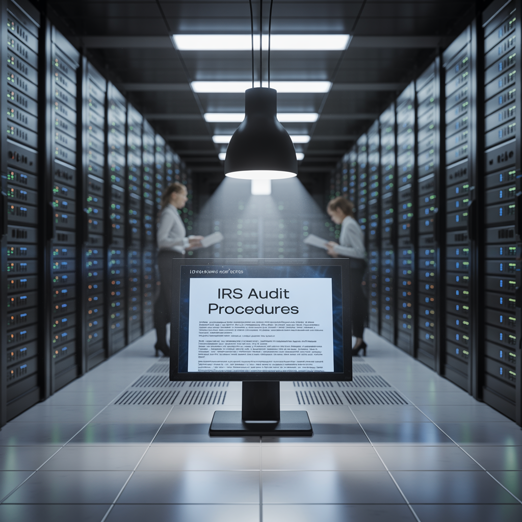 Two women are working in a server room with a monitor that says irs audit procedures on it.