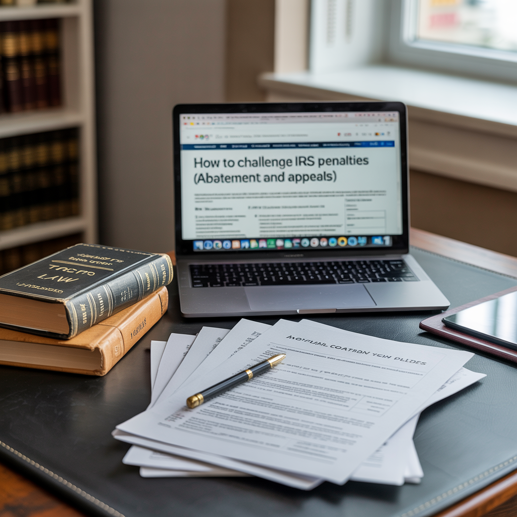 A laptop computer is open to a page that says how to challenge irs penalties
