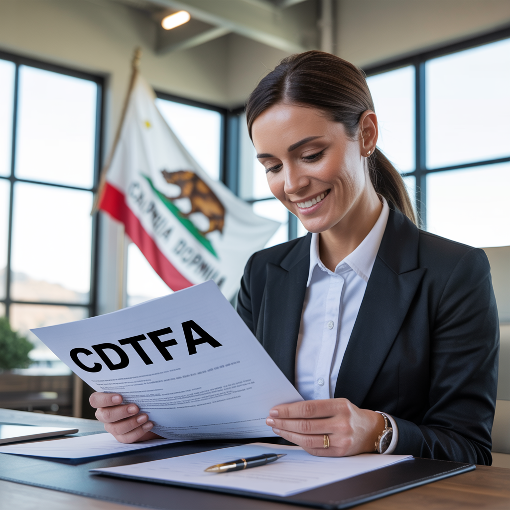 A woman is sitting at a desk reading a piece of paper that says cdtfa