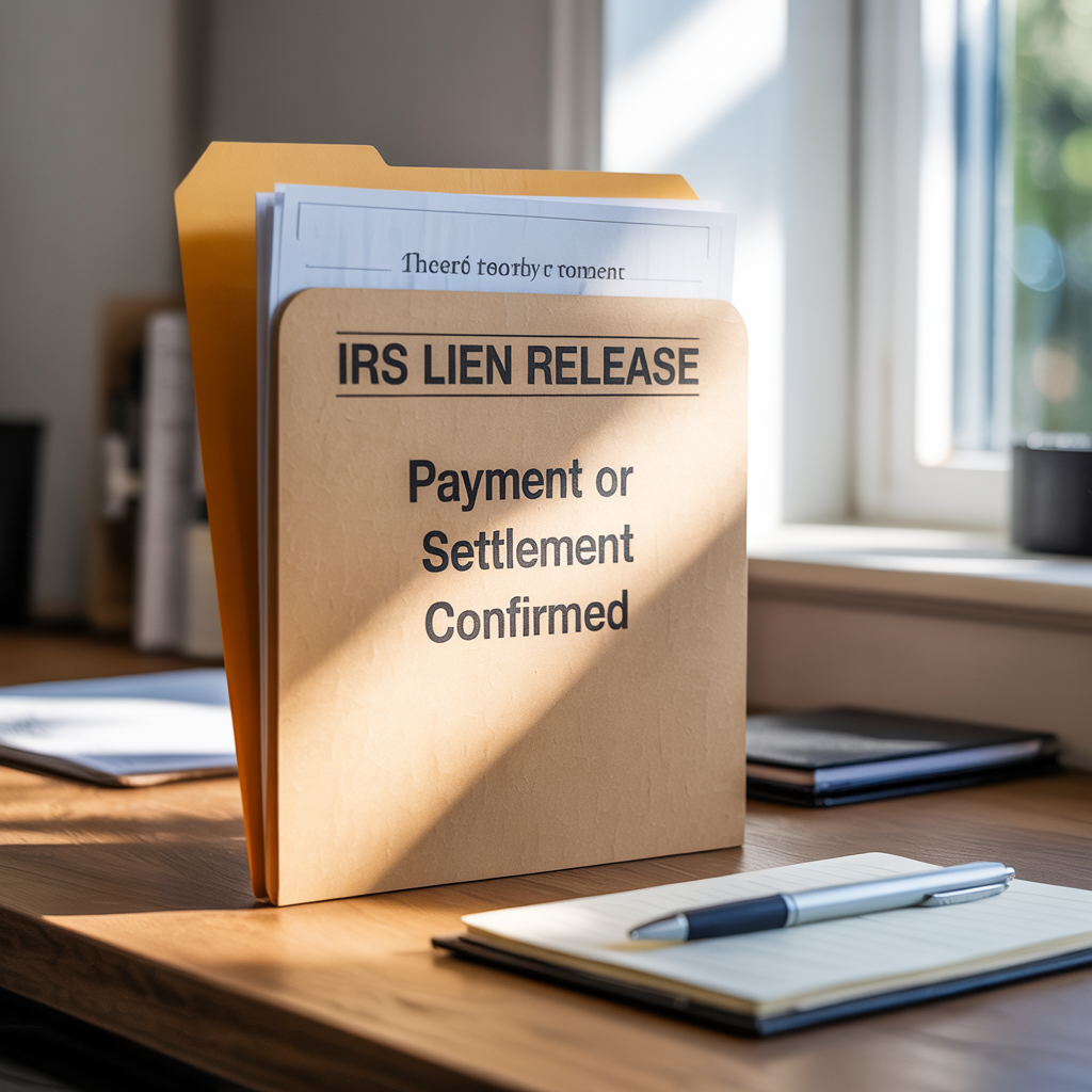 A folder on a desk that says irs lien release payment or settlement confirmed