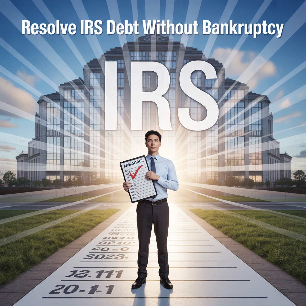 A man is holding a checklist in front of a building that says irs