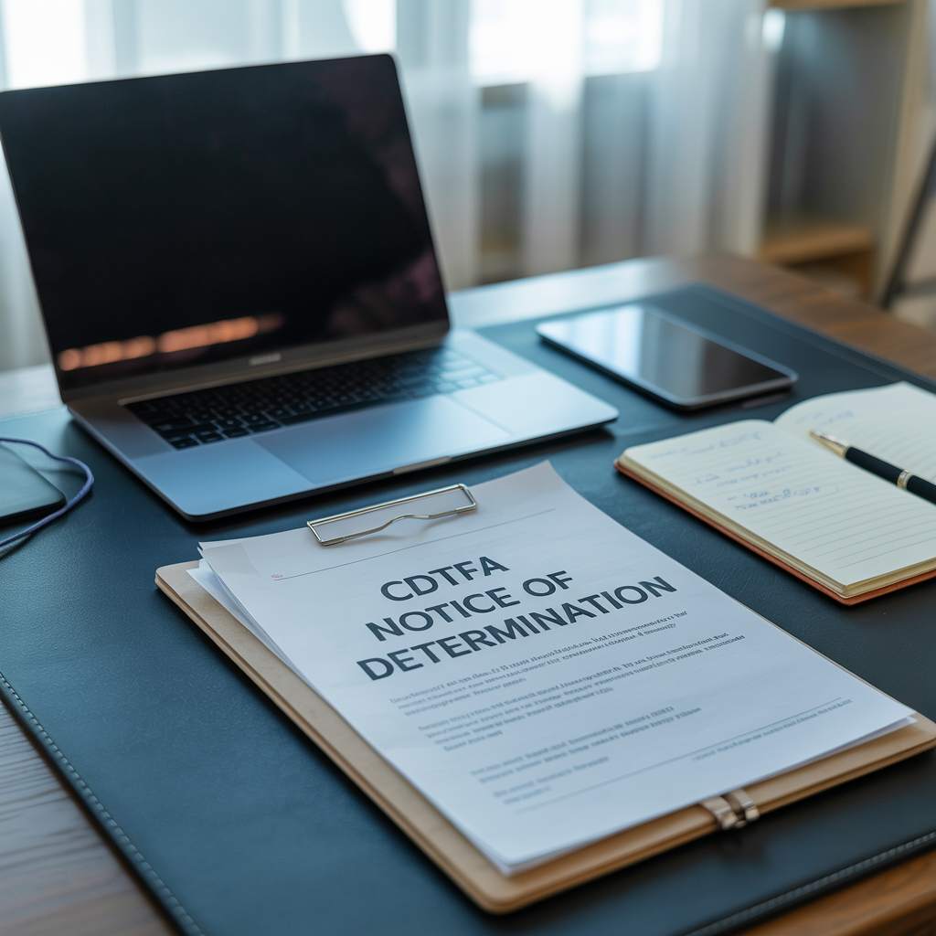 A notice of determination is on a clipboard on a desk next to a laptop.