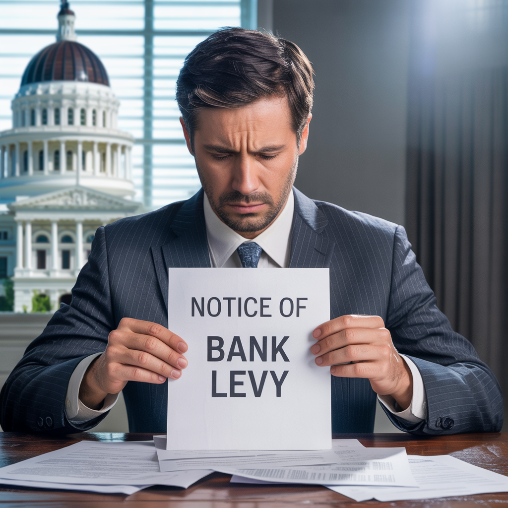 A man is sitting at a desk holding a piece of paper that says notice of bank levy.