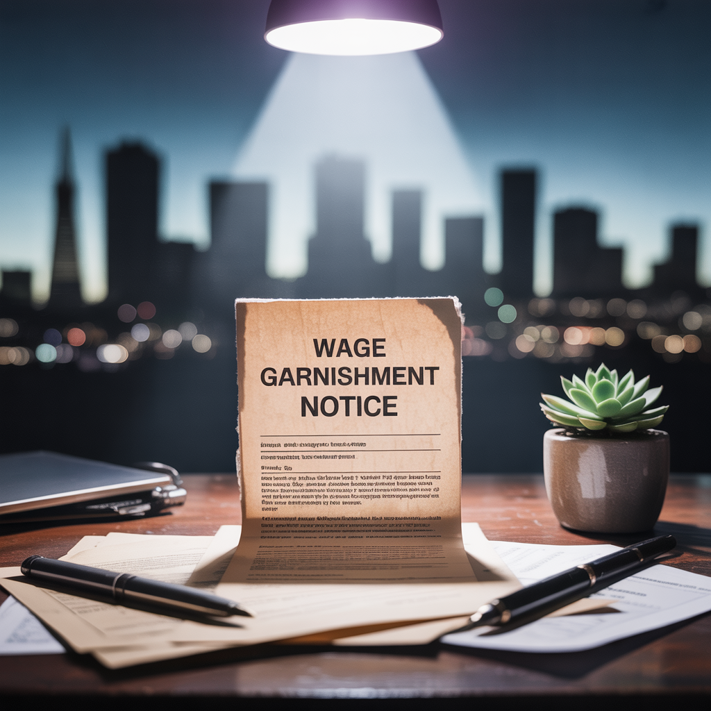A wage garnishment notice is sitting on a desk