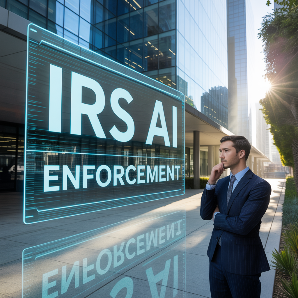 A man in a suit is standing in front of a sign that says irs ai enforcement.