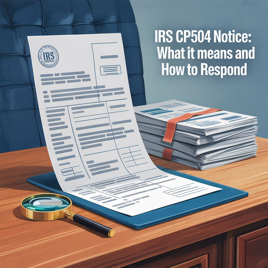 A stack of papers on a desk with the words irs cp504 notice what it means and how to respond