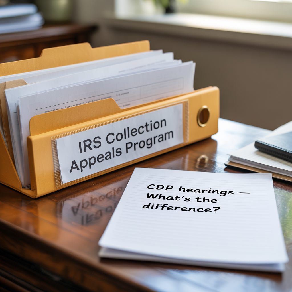 An irs collection appeals program folder sits on a desk
