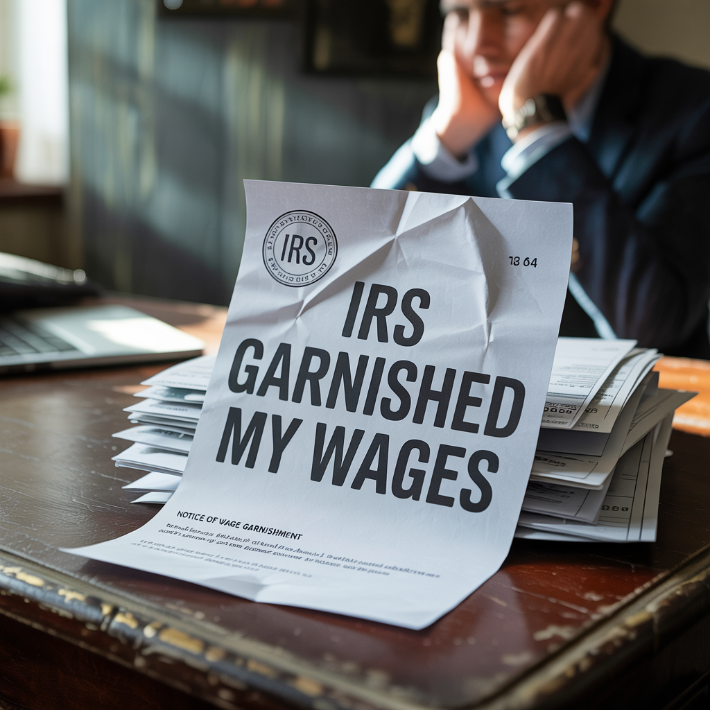 A man is sitting at a desk with a piece of paper that says irs garnished my wages