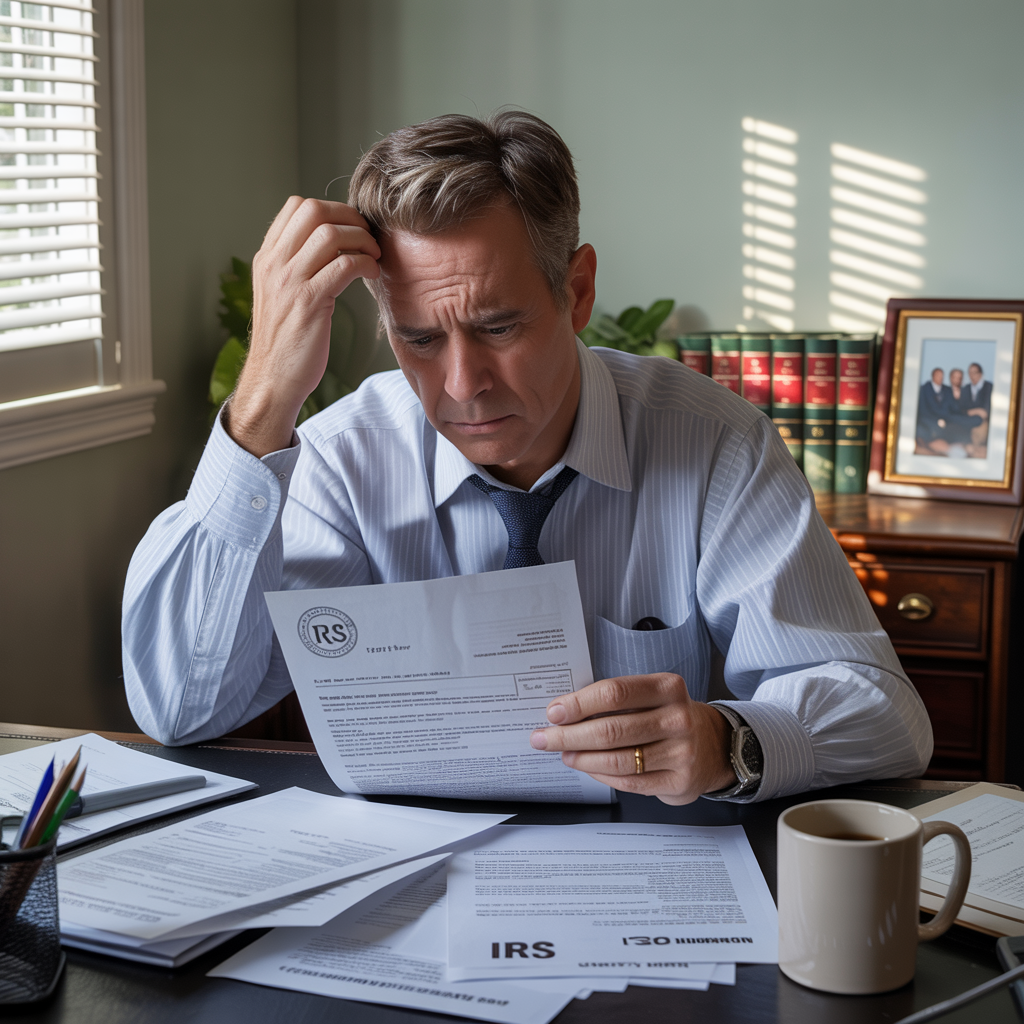 A man is sitting at a desk reading a letter from irs