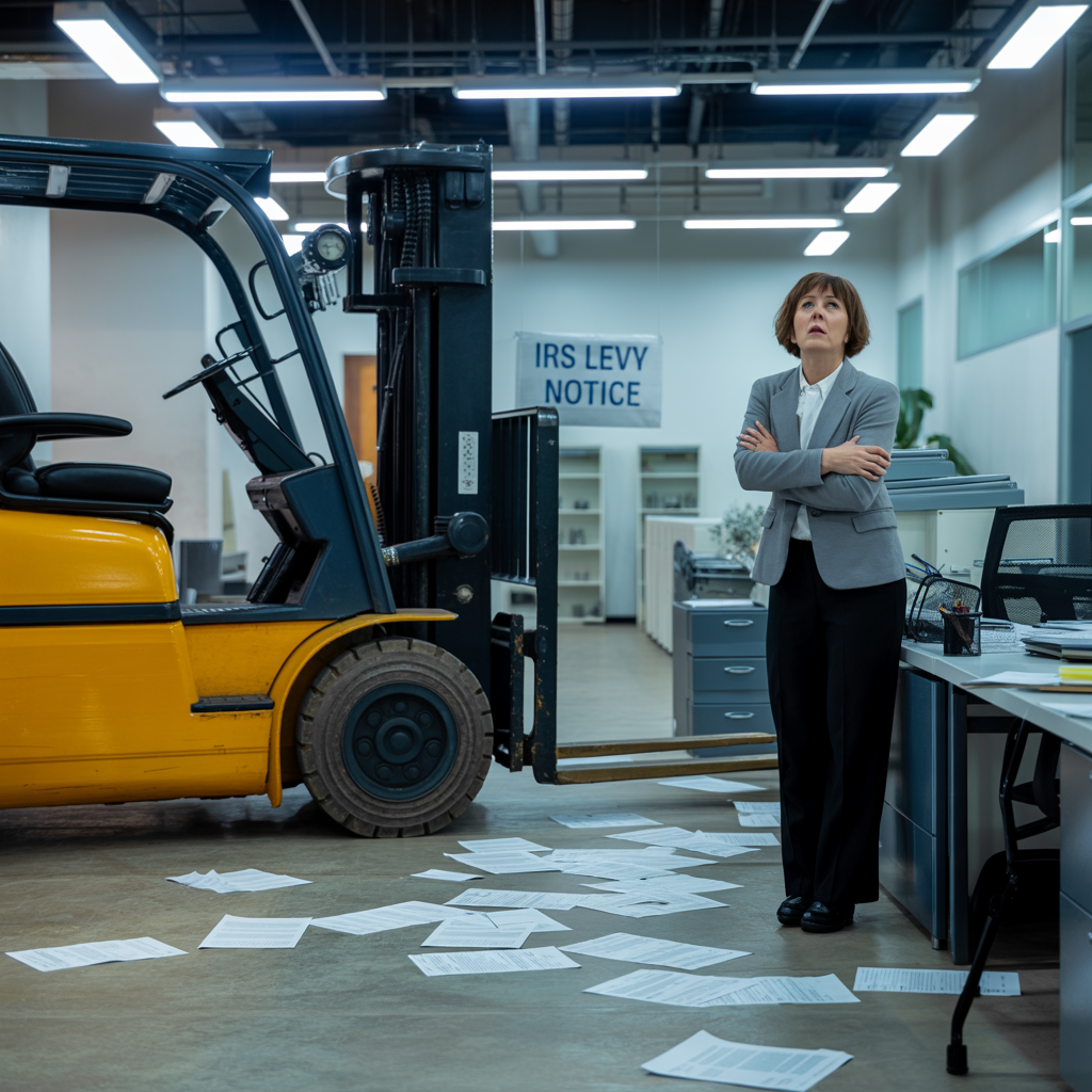 A woman is standing in front of a forklift in an office.