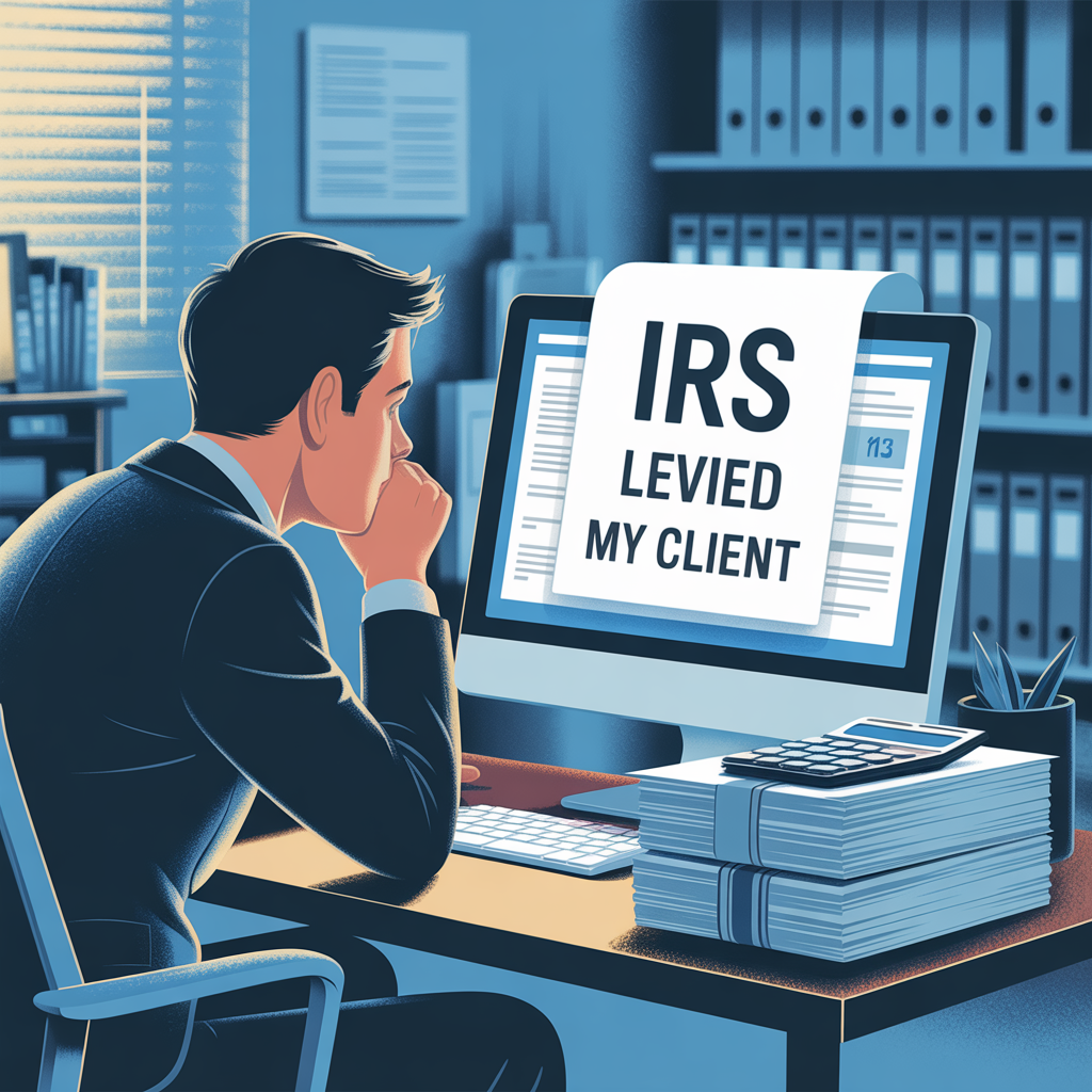 A man is sitting at a desk looking at a computer screen that says irs levied my client.