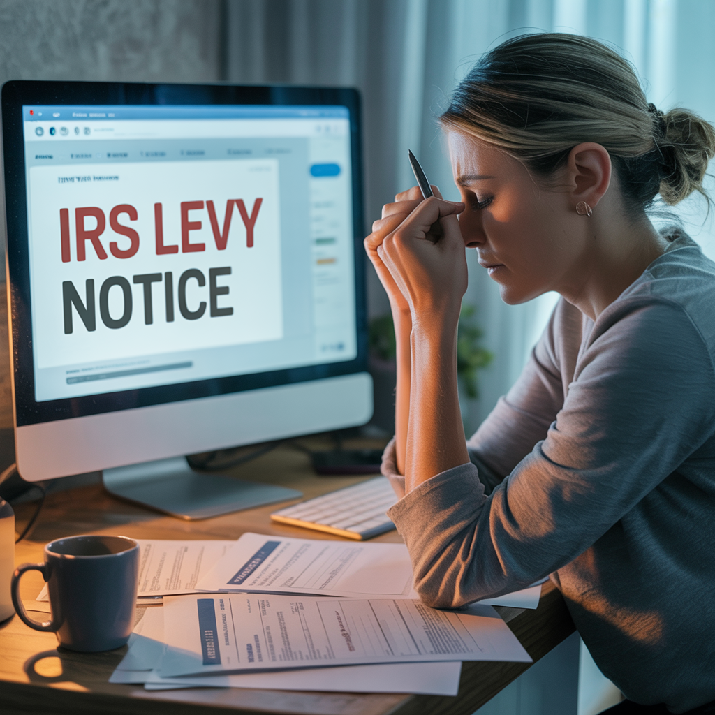 A woman is sitting at a desk looking at a computer screen that says irs levy notice.