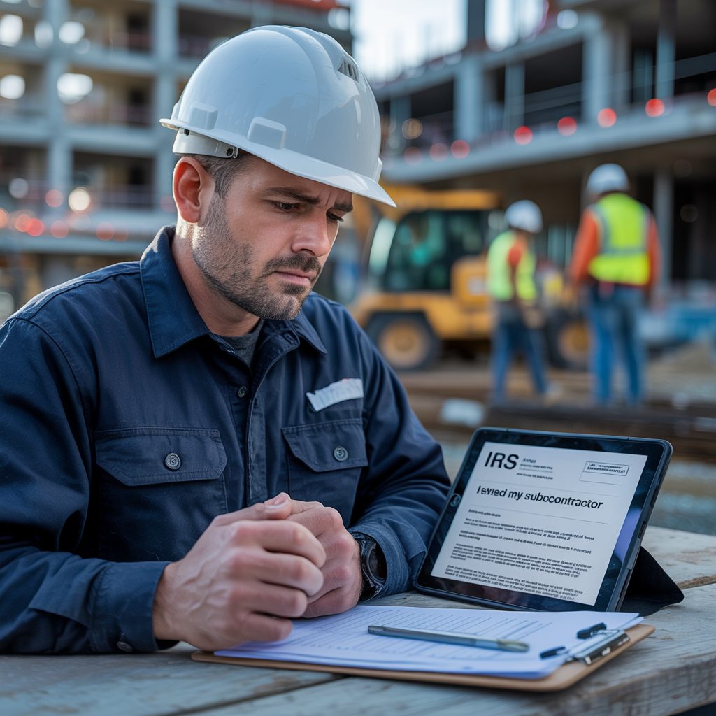 A man wearing a hard hat is sitting at a table looking at a tablet.