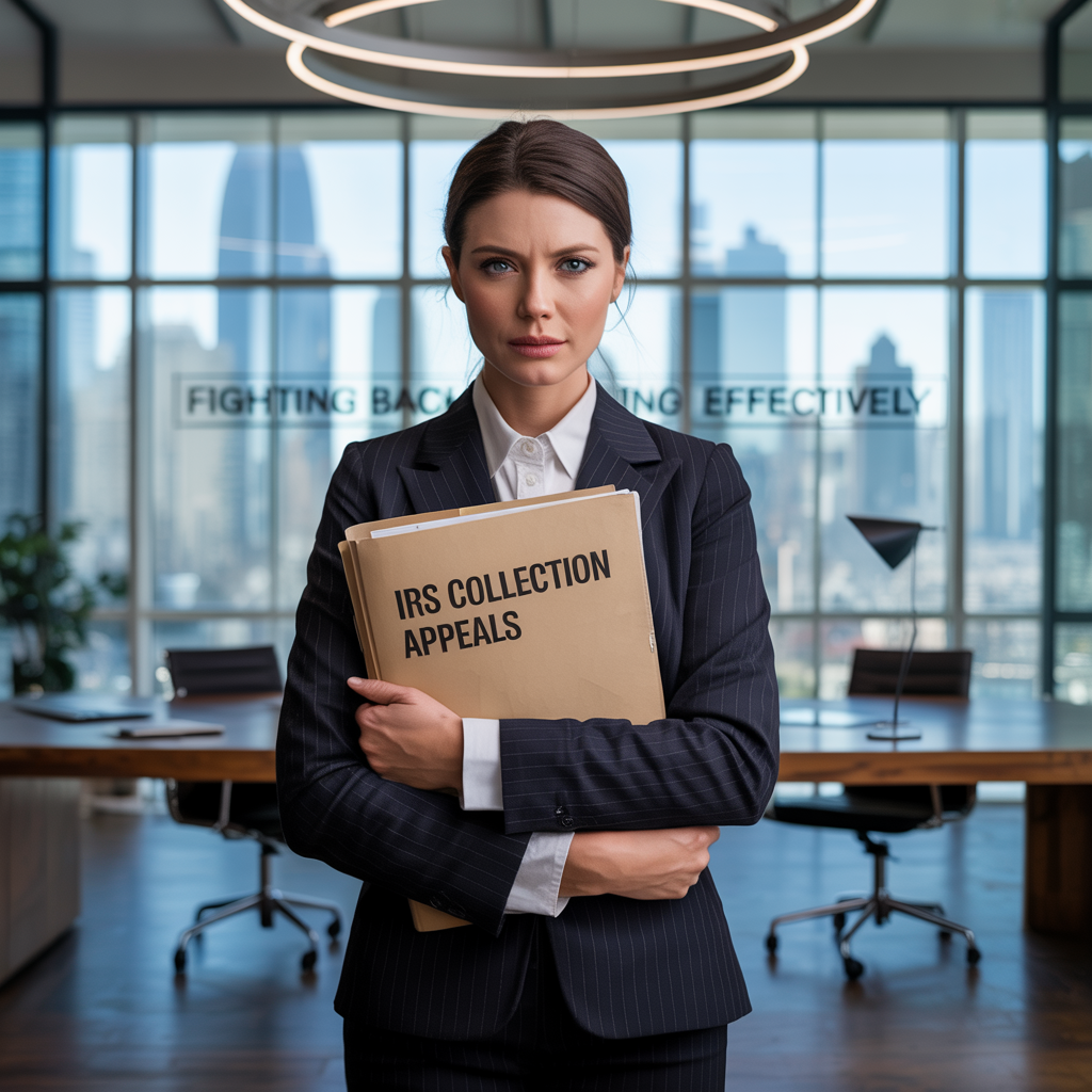 A woman in a suit is holding a box of irs collection appeals.
