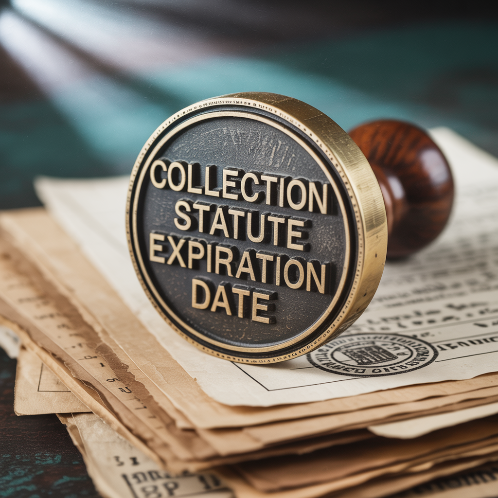 A collection statute expiration date stamp is sitting on top of a stack of papers