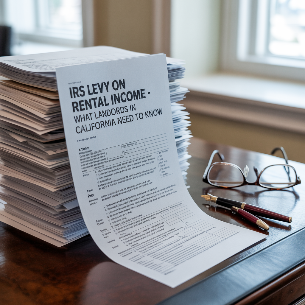 A stack of papers on a desk that says irs levy on rental income