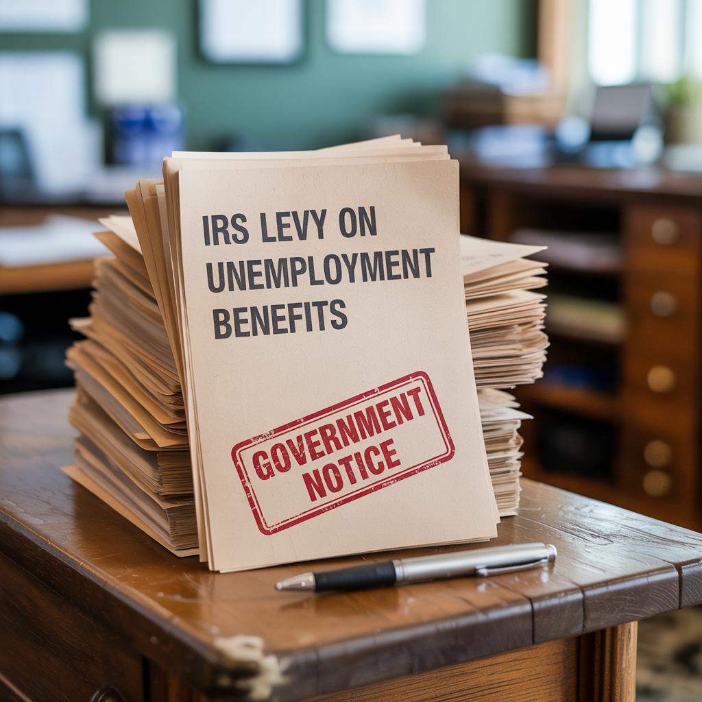 A stack of irs levy on unemployment benefits papers
