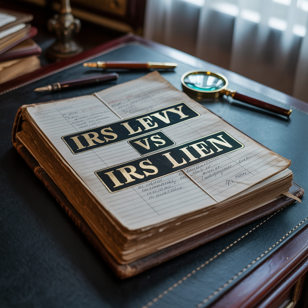 A book titled irs levy vs irs lien sits on a desk