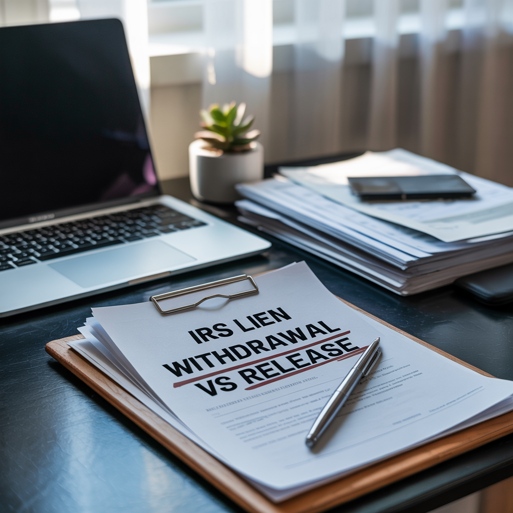 A clipboard with irs lien withdrawal vs release written on it