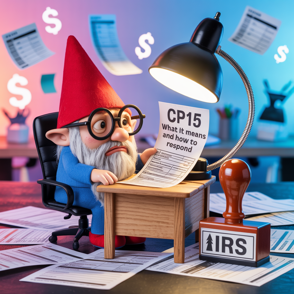 A gnome is sitting at a desk holding a piece of paper that says cp15