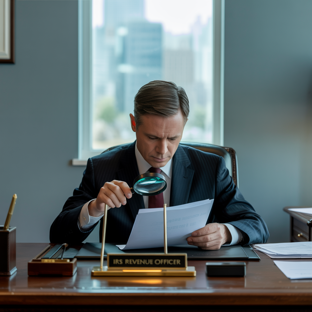 A man in a suit and tie is sitting at a desk looking through a magnifying glass.
