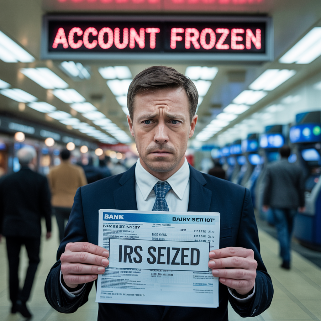 A man in a suit and tie is holding a sign that says irs seized