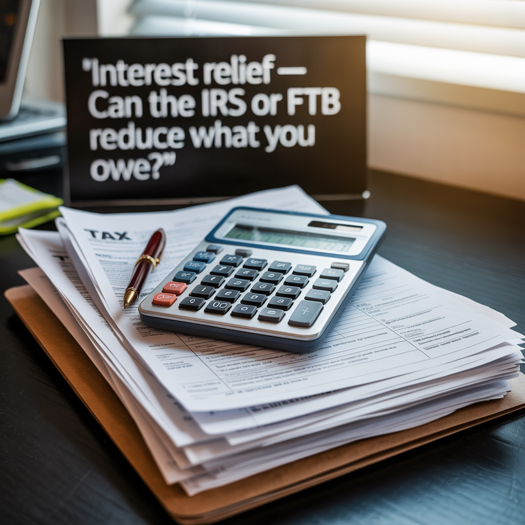 A calculator sits on top of a pile of papers next to a sign that says interest relief
