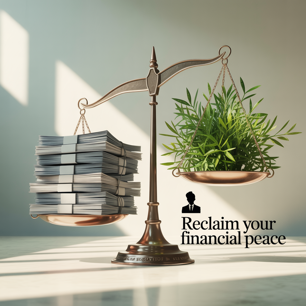 A scale with a plant on it and the words reclaim your financial peace
