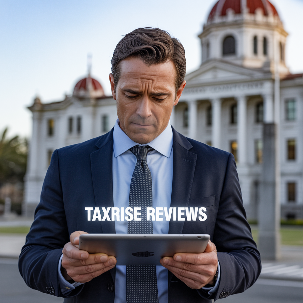 A man in a suit and tie is looking at a tablet in front of a building that says taxrise reviews