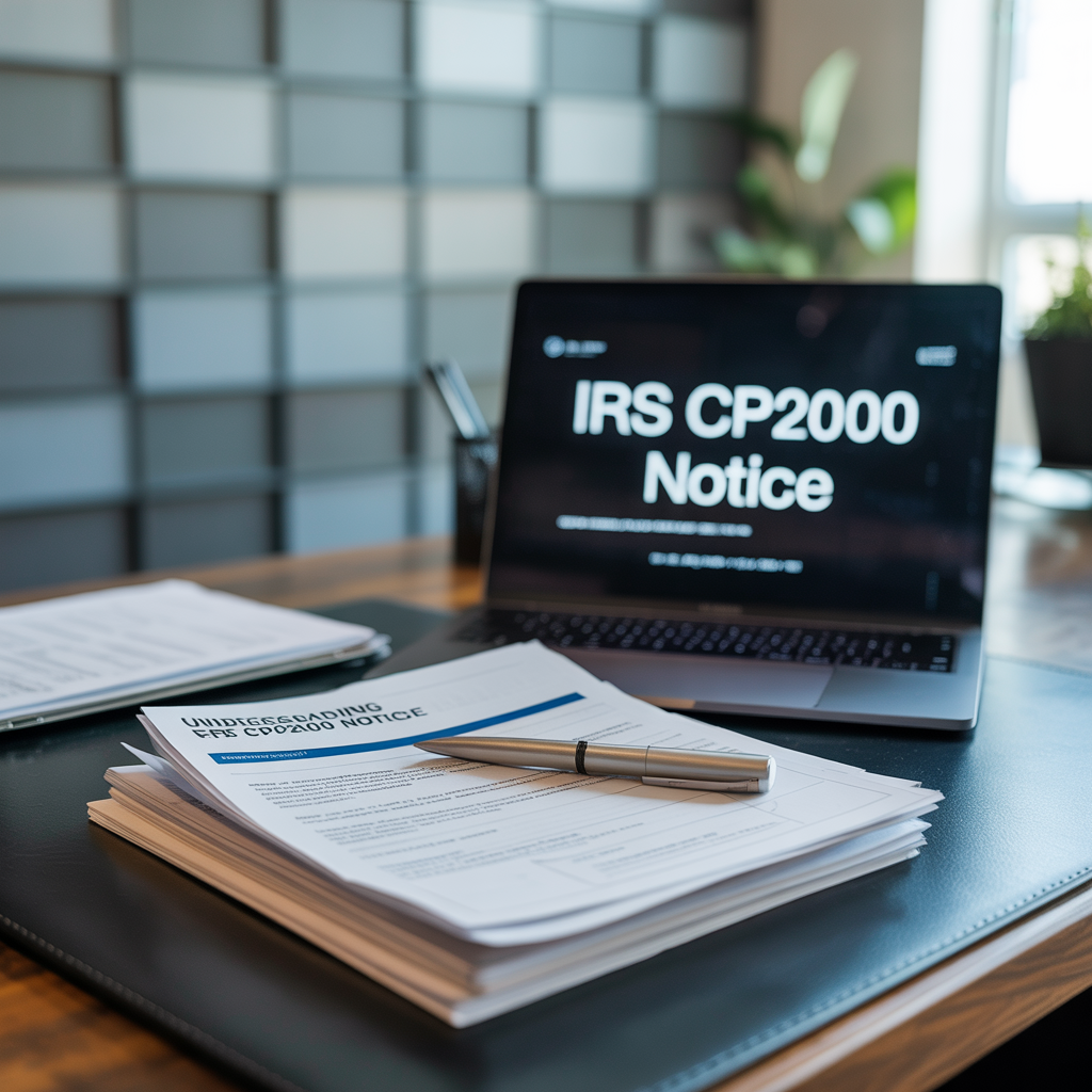 A laptop is open to a screen that says irs cp2000 notice
