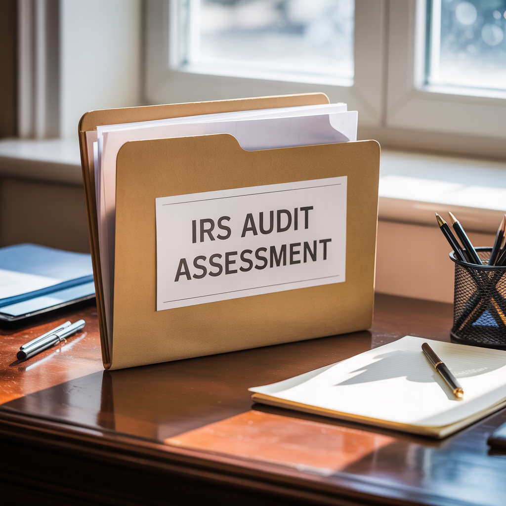 An irs audit assessment folder is sitting on a wooden desk.