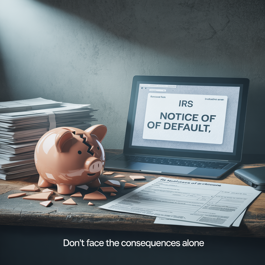 A broken piggy bank sits in front of a laptop that says irs notice of default