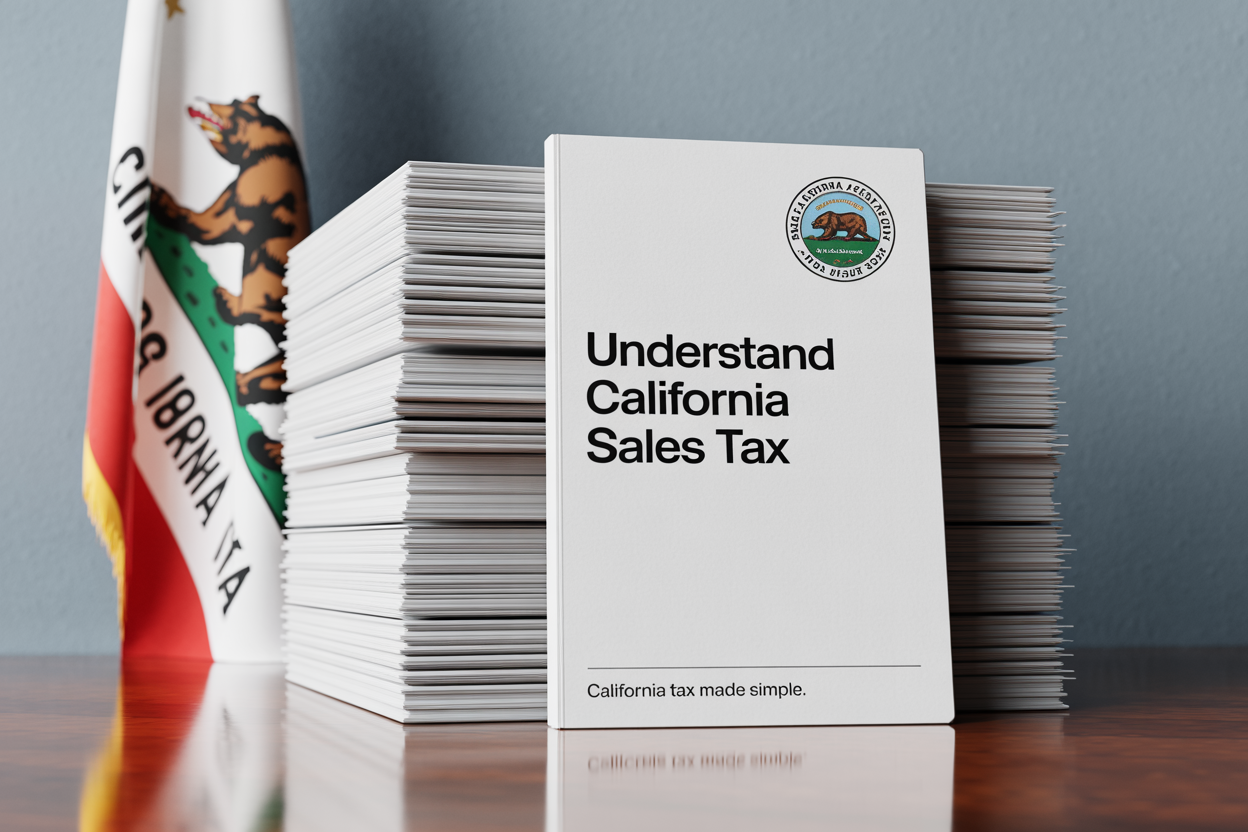 A stack of papers next to a book titled understand california sales tax