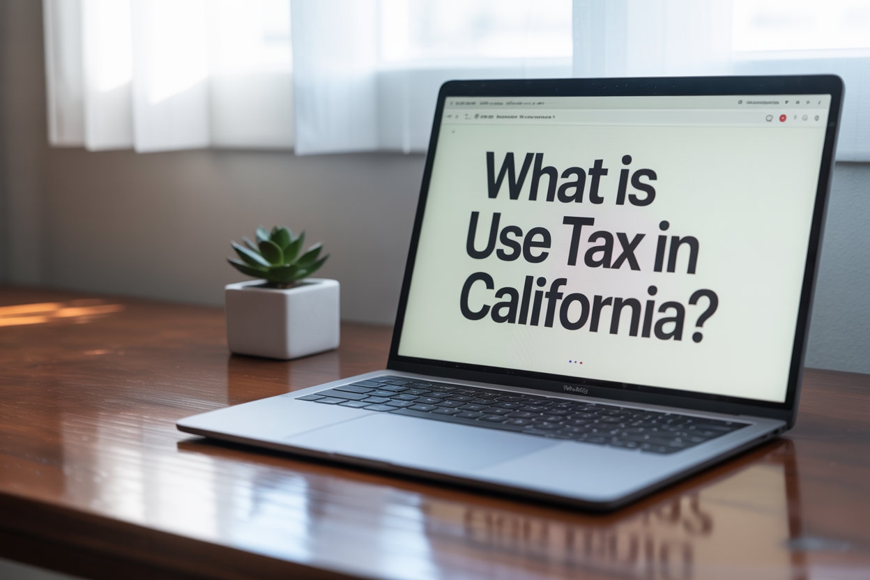 A laptop computer is open to a page that says `` what is use tax in california ? ''
