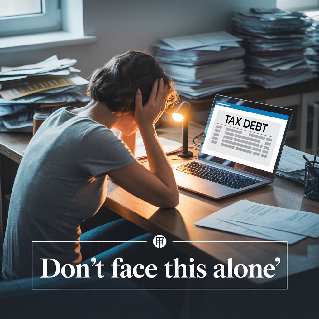 A woman is sitting at a desk with a laptop and a stack of papers.