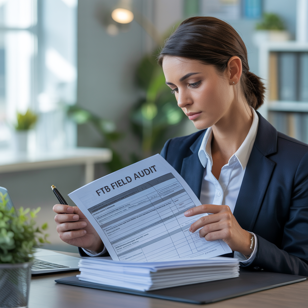 A woman is sitting at a desk holding a piece of paper that says ftb field audit.