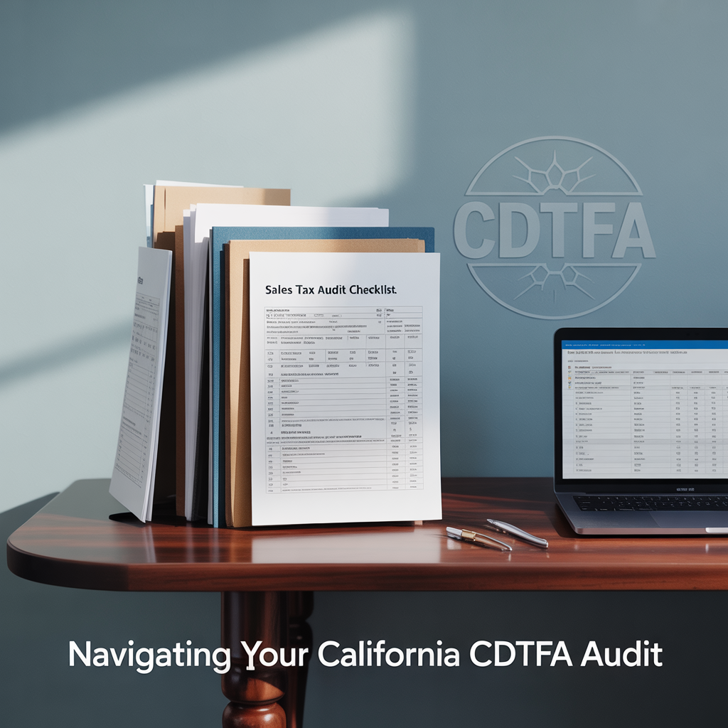 A desk with papers and a laptop and the words navigating your california cdtfa audit