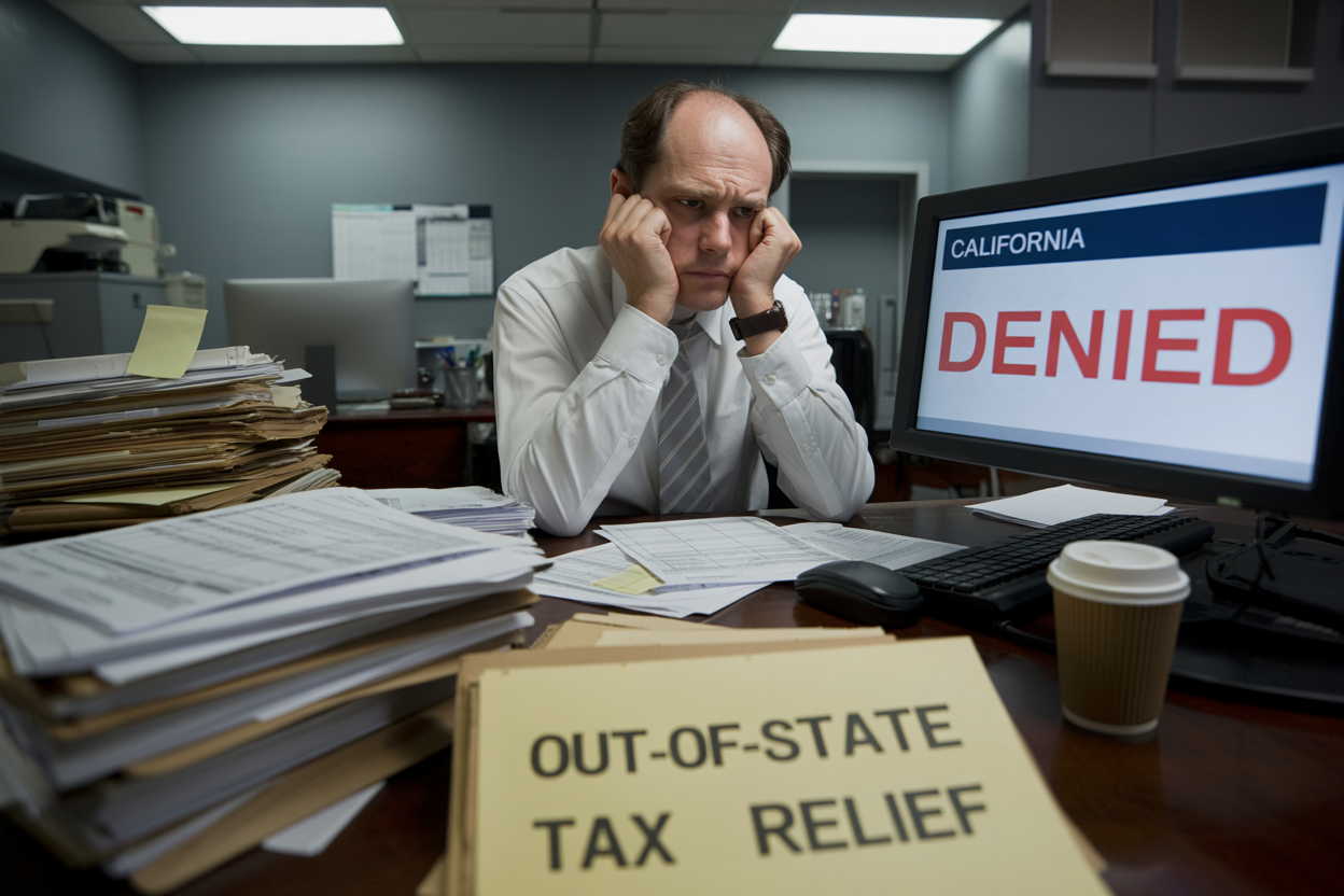 A man sits at a desk with a sign that says out-of-state tax relief