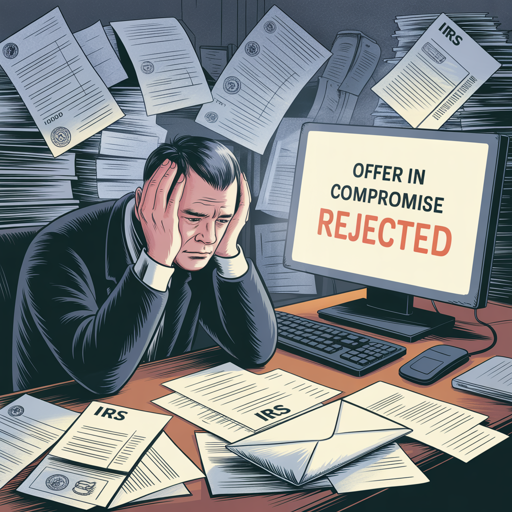 A man is sitting in front of a computer screen that says offer in compromise rejected