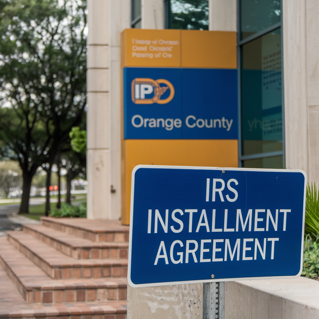A sign for the orange county irs establishment agreement
