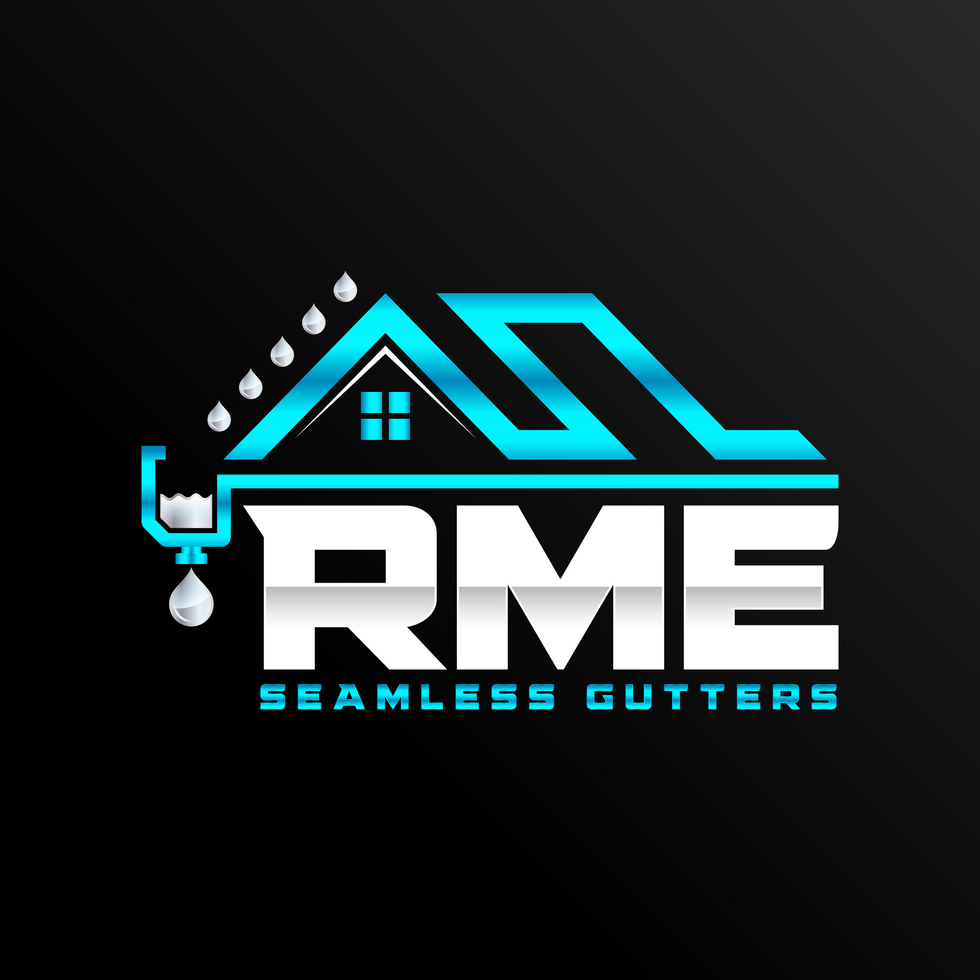 Logo for RME Seamless Gutters features a teal outline of a house and gutter system over the white letters 