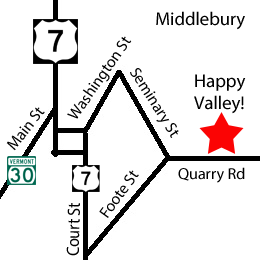 Map of Middlebury, Vermont, showing roads, route numbers, and a 
