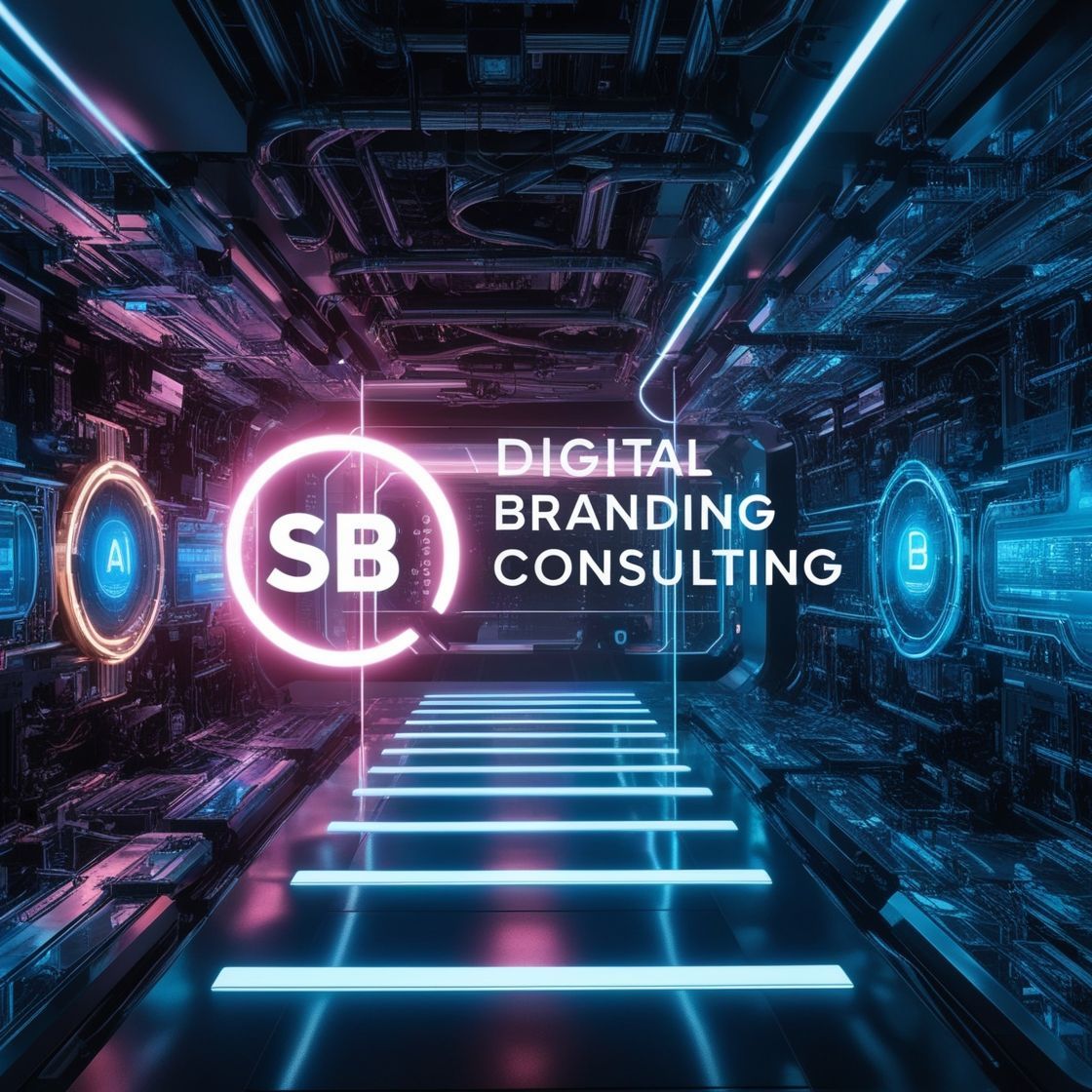 A digital branding consulting logo is displayed in a futuristic hallway