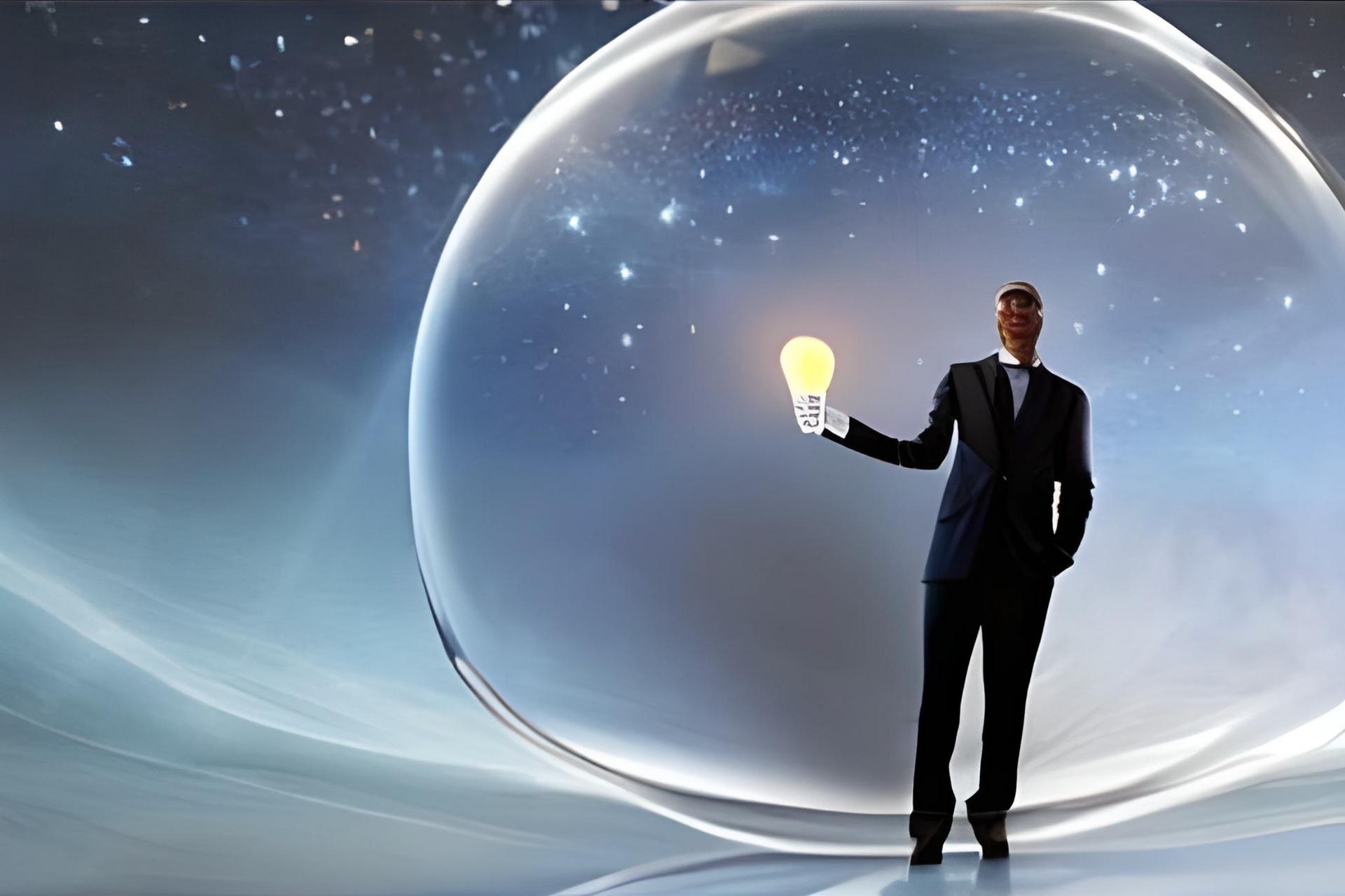 A man in a suit is holding a light bulb in his hand