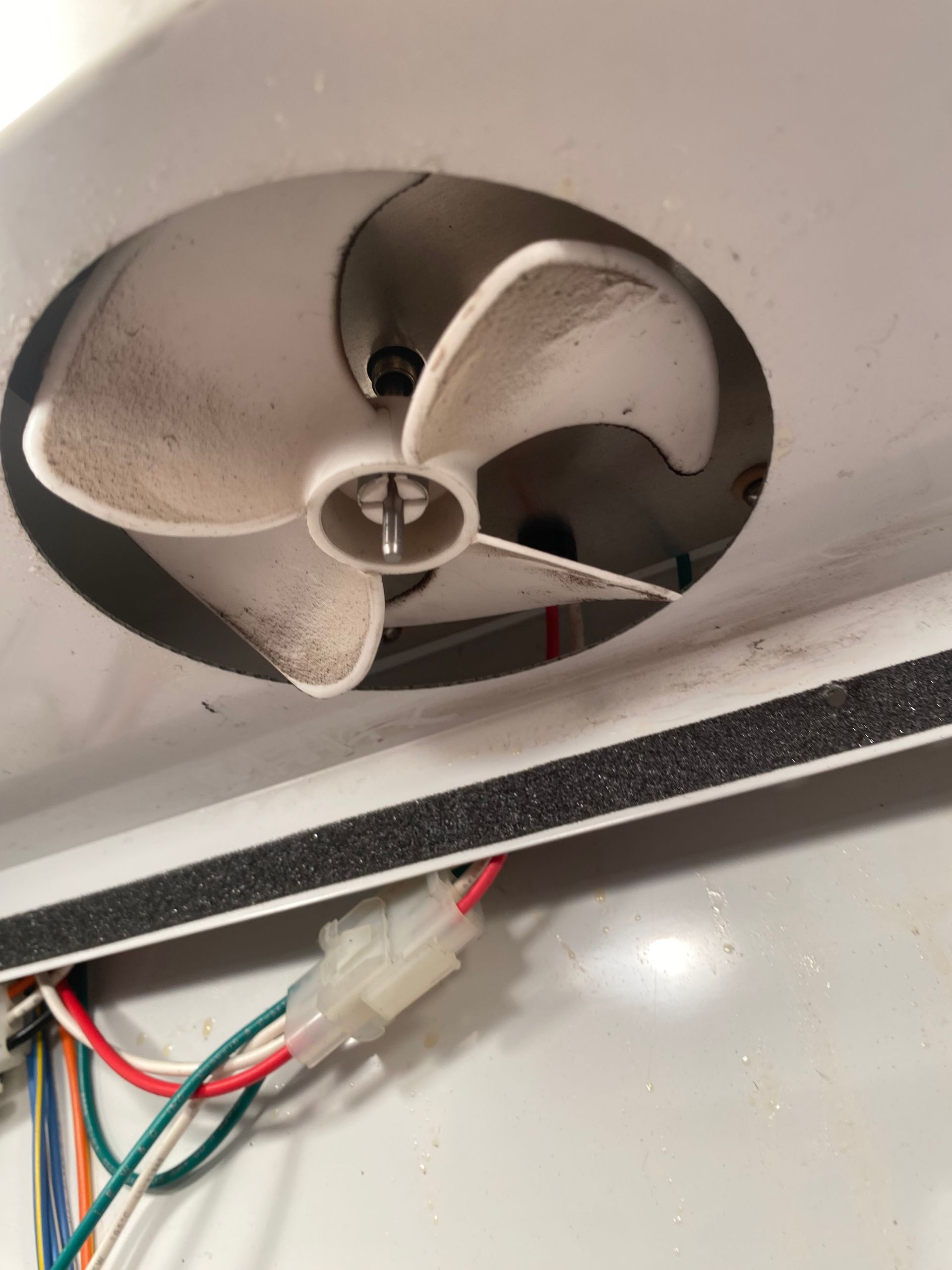 Close-up of a refrigerator fan. White plastic fan blades in a circular housing, dusty, with connected wires.