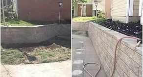 Before-and-after of a retaining wall and garden bed in a backyard, showing the wall being rebuilt higher.